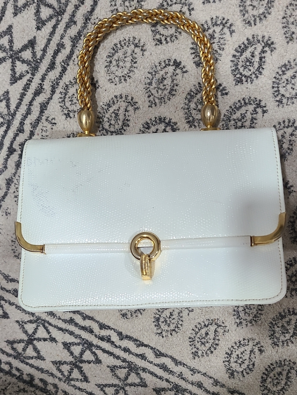 Vintage White Top-Handle Satchel with Gold Chain Accent